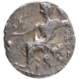 LYCAONIA. Laranda. (Circa 324/3 BC).AR obol. Obv: Baaltars seated left, holding grain ear and grape bunch in his right hand and scepter in his left. Rev: Forepart of a wolf to right; above, inverted crescent.Ref: Göktürk 82; SNG Paris 444.Silver, Weight :