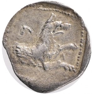 LYCAONIA.Laranda.(Circa 324-323 BC).Obol.Obv : Baaltars seated left, holding grain ear, bunch of grapes, and scepter.Rev : Forepart of wolf right; inverted crescent above; all within circle of pellets.Ref.:Göktürk 82-85. AR. 0,6g.
