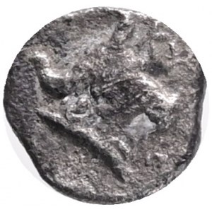 MYSIA.Kyzikos.( Circa 410-400 BC).Hemiobol.Obv : Head of Attis left wearing Phyrgian helmet.Rev : Head of bull right.Ref.: Klein 268; SNG Aulock 7336. AR. 0,3g.