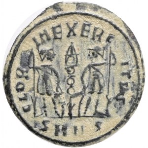 Constans AD 337-350. Nicomedia Nummus Æ, Obv.: FL CONSTANS NOB CAES, laureate, draped, and cuirassed bust left. Rev.: GLORIA EXERCITVS, two soldiers holding spears and shields with one standard between them, SMNS,Ref.: RIC VII 202 var.AE 2,1g.