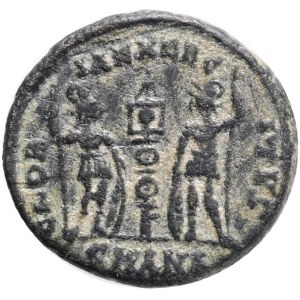 CONSTANTINE I. 307-337 AD. Æ Follis,Antioch mint.Obv.: CONSTANTI NVS MAX AVG, laureate (with rosettes), draped and cuirassed bust right. Rev.: GLORIA EXERCITVS, two soldiers, each holding reversed speaand resting on shield, flanking two standards; SMANA/.