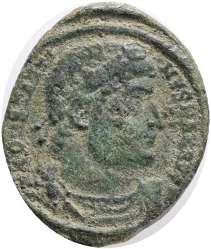 CONSTANTINE I. 307-337 AD. Æ Follis,Antioch mint.Obv.: CONSTANTI NVS MAX AVG, laureate (with rosettes), draped and cuirassed bust right. Rev.: GLORIA EXERCITVS, two soldiers, each holding reversed speaand resting on shield, flanking two standards; SMANA/.