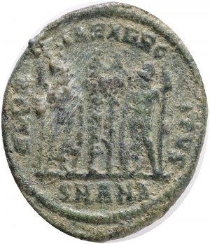 CONSTANTINE I. 307-337 AD. Æ Follis,Antioch mint.Obv.: CONSTANTI NVS MAX AVG, laureate (with rosettes), draped and cuirassed bust right. Rev.: GLORIA EXERCITVS, two soldiers, each holding reversed speaand resting on shield, flanking two standards; SMANA/.