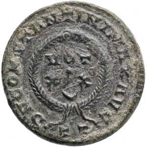 CONSTANTINE I. 307-337 AD. Æ Follis,Ticinum mint,Obv.: CONSTA-NTINVS AVG; Laureate head right . Rev.:D N CONSTANTINI MAX AVG VOT/X•X/(crescent) within laurel wreath; PT.Ref.: RIC VII 167. AE 2,9g