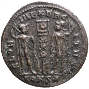 CONSTANTINE I. 307-337 AD. Follis , Constantinopolis 7.officin 336-337/340 Obv.: Laureate and cuirassed bust r. Rev.: Two soldiers standing, facing each other, standard between them RIC VII 143 / VIII 46 Bronze Weight 1,50g