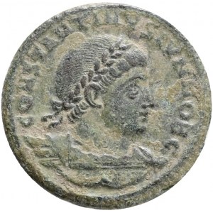 Constantinus II AD 337-340. Antioch Follis Æ,Obv.: CONSTANTINVS IVN NOB C, laureate and cuirassed bust right,Rev.: GLORIA EXERCITVS, two helmeted soldiers standing facing each other, holding spear and shield, two standards between them, SMANS in exergue.R