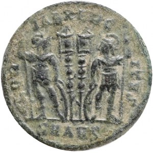 Constantinus II AD 337-340. Antioch Follis Æ,Obv.: CONSTANTINVS IVN NOB C, laureate and cuirassed bust right,Rev.: GLORIA EXERCITVS, two helmeted soldiers standing facing each other, holding spear and shield, two standards between them, SMANS in exergue.R