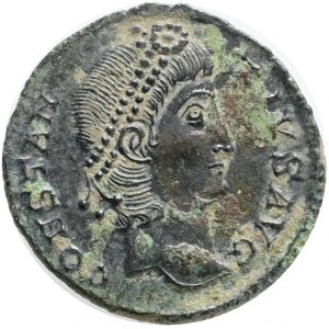 Constantius II, Caesar (324-337 AD). Antioch.,Follis Æ,Obv.:CONSTANTIVS AVG. Laureate, draped and cuirassed bust left., Rev.: GLORIA EXERCITVS, two soldiers standing facing each other, each holding spear and resting shield on ground, signa between; SMANA 