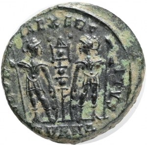 Constantius II, Caesar (324-337 AD). Antioch.,Follis Æ,Obv.:CONSTANTIVS AVG. Laureate, draped and cuirassed bust left., Rev.: GLORIA EXERCITVS, two soldiers standing facing each other, each holding spear and resting shield on ground, signa between; SMANA 