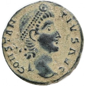 Constantius II, Caesar (324-337 AD). Antioch.,Follis Æ,Obv.:CONSTANTIVS AVG. Laureate, draped and cuirassed bust left., Rev.: GLORIA EXERCITVS, two soldiers standing facing each other, each holding spear and resting shield on ground, signa between; SMANB 