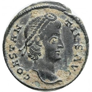 Constantius II, Caesar (324-337 AD). Antioch.,Follis Æ,Obv.:CONSTANTIVS AVG. Laureate, draped and cuirassed bust left., Rev.: GLORIA EXERCITVS, two soldiers standing facing each other, each holding spear and resting shield on ground, signa between; SMANE 