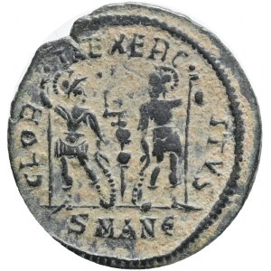 Constantius II, Caesar (324-337 AD). Antioch.,Follis Æ,Obv.:CONSTANTIVS AVG. Laureate, draped and cuirassed bust left., Rev.: GLORIA EXERCITVS, two soldiers standing facing each other, each holding spear and resting shield on ground, signa between; SMANE 