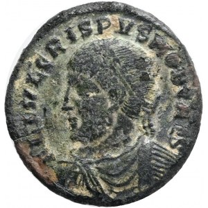 Crispus. Caesar, A.D. 317-326. Æ follis,Thessalonica. Obv.: FL IVL CRISPVS NOB CAES, laureate, draped and cuirassed bust left. Rev.: CAESARVM NOSTRORVM, VOT/·/V within laurel-wreath; *//TSΔVI. Ref.: RIC 118. AE 2,94g
