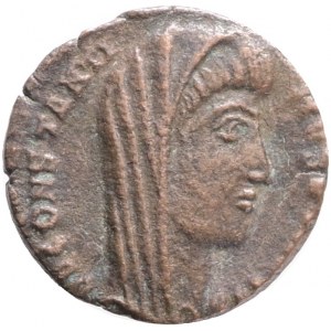 Divus Constantine I. Died AD 337. Æ Follis. Antioch mint, 3rd officina. Struck under Constantius II and Constans,Obv.: Veiled head right. Rev.: Constantine standing facing, head right; VN/MR//SMANΓ. Ref.: RIC VIII 112; LRBC 1397.AE 1,1g.