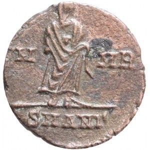 Divus Constantine I. Died AD 337. Æ Follis. Antioch mint, 3rd officina. Struck under Constantius II and Constans,Obv.: Veiled head right. Rev.: Constantine standing facing, head right; VN/MR//SMANΓ. Ref.: RIC VIII 112; LRBC 1397.AE 1,1g.