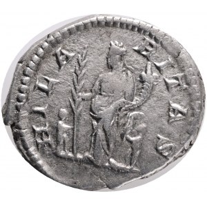 ROMAN EMPIRE: Julia Domna, AR denarius, Rome,Obv.: draped bust right, IVLIA AVGVSTA. Rev.: Hilaritas standing left between two children, holding palm frond and cornucopia, HILARITAS, Ref.:RIC-557 Septimius Severus; Cohen-79, AR. 3,52g.