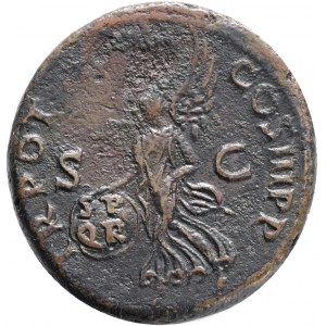 Traianus 98-117. Æ as. Rome mint 101/2.Obv.: IMP CAES NERVA TRAIAN AVG GERM P M, laureate head of Trajan right , Rev.:TR POT COS IIII P P, S C across field, Victory flying left, holding shield inscribed SP/QR in two lines and palm branch.Ref.:RIC 434,Woyt