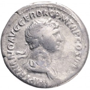 Trajan (AD 98-117). Rome.AR Denarius.Obv: IMP TRAIANO AVG GER DAC P M TR P COS VI P P. Laureate and draped bust right.Rev: SPQR OPTIMO PRINCIPI. Nude Genius standing left, holding patera and corn-ears.Ref.:RIC 275; RSC 398. AR. 3,2g.