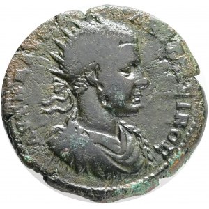 Roman Provincial Coins, MOESIA INFERIOR, Nicopolis ad Istrum. Elagabalus. AD 218-222. Æ. Novius Rufus, legatus consularis. Radiate, draped, and cuirassed bust right / Serapis standing facing, raising hand and holding scepter. AMNG I 1900; H&amp;J 8.26.6.2