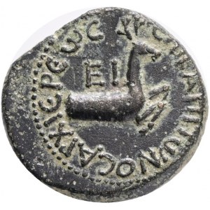 LYDIA. Hierocaesarea. Pseudo-autonomous. Time of Nero (54-68 AD). Capito, magistrate,Obv: ΙΕΡΟΚΕϹΑΡΕωΝ. Draped bust of Artemis Persica right, quiver and bow over shoulders,Rev: ΕΠΙ ΚΑΠΙΤωΝΟϹ ΑΡΧΙΕΡΕωϹ, ΙΕ. Forepart of stag right,Ref.: RPC I, 2389, AE 2,9g