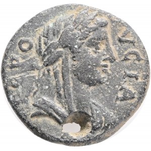 PHRYGIA. Hierapolis. Pseudo-autonomous (2nd-3rd centuries). Ae.Obv: ΓЄΡΟVСΙΑ.Laureate, veiled and draped bust of Gerousia right.Rev: ΙЄΡΑΠΟΛЄΙΤΩΝ.Apollo, holding bipennis, on horse trotting right.Ref.: RPC IV online 9789; SNG Copenhagen 434; BMC 79-81.AE.