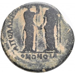 PISIDIA. Apollonia Mordiaion. Homonoia with Ilium.Pseudo-autonomous.(3rd century). Homonoia with Ilium.Obv: AΛЄΞA KTIC AΠΟΛΛΩNIATΩN. Head of Alexander the Great right, wearing lion skin. Rev: AΠΟΛΛΩNIATΩN ΛYK IΛIЄΩN OMONOIA. The city-goddess of Apollonia,
