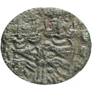 Byzantine, Constantine V and Leo IV (741-775). Æ 20 Nummi Syracuse, 751-775. Crowned half-length facing busts of Constantine V and Leo IV, each wearing chlamys; NKA. R/ Crowned half-length facing bust of Leo III, wearing loros, holding cross potent; Λ in 