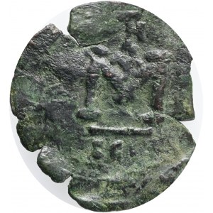 Byzantine, Justinian II (First reign, 685-695). Æ 40 Nummi Syracuse, c. AD 686. Justinian standing facing, wearing crown and chlamys, holding globus cruciger. R/ Large M; monogram above; SCL. MIB 66; DOC 58; Sear 1298, Toned , Bronze , Weight 3,92g