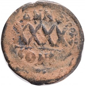 Byzantine, Phocas (602-610 AD). Constantinople, AE follis, Obv: δ N FOCAS PERP AVC. Crowned bust of Phocas facing, wearing consular robes, holding mappa in his right hand and cross in his left. Rev. Large XXXX in center; above, ANNO; below, CON A; date to