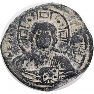 Byzantine, Romanus III, AE, Follis. Constantinople. Anonymous. Class B. 1028-1034 AD. Obv: + EM[MA NOVHΛ] / [I]C [XC], Bust of Christ facing, holding book of Gospels and wearing nimbus cruciger; sqaare in each arm of cross; four pellets around one pellet 