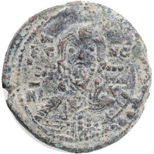 Byzantine, Romanus IV Diogenes (1068-1071 AD) Constantinople AE Follis,Obv: IC-XC / NI-KA, facing bust of Christ, nimbate, holding book of Gospels.Rev: C-R / P-Δ, Cross with globules and two pellets at each extremity, X at center.Ref.:SBV 1866; DOC 8. AE 