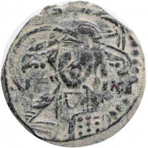 Byzantine, Romanus IV Diogenes (1068-1071 AD) Constantinople AE Follis,Obv: IC-XC / NI-KA, facing bust of Christ, nimbate, holding book of Gospels.Rev: C-R / P-Δ, Cross with globules and two pellets at each extremity, X at center.Ref.:SBV 1866; DOC 8. AE 