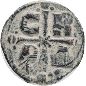 Byzantine, Romanus IV Diogenes (1068-1071 AD) Constantinople AE Follis,Obv: IC-XC / NI-KA, facing bust of Christ, nimbate, holding book of Gospels.Rev: C-R / P-Δ, Cross with globules and two pellets at each extremity, X at center.Ref.:SBV 1866; DOC 8. AE 