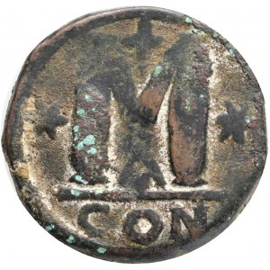 Justin I Æ 40 Nummi. Constantinople, AD 518-527. D N IVSTINVS P P AVG, diademed, draped and cuirassed bust to right / Large M; star to left and right, cross above, B below, CON in exergue. MIBE 11; DOC 8b; Sear 62. Toned , Bronze Weight 16,92g