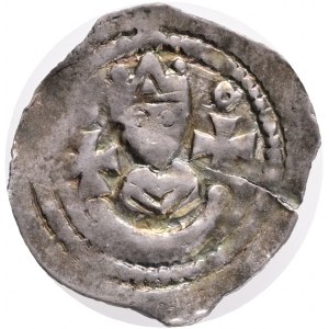Salzburg - Archdiocese. Eberhard II (1200 - 1246). Pfennig (Friesacher Schlag). Friesach Obv: Bishop with crosier and crook enthroned frontally. Rev: Bust of the bishop between crosses over the crescent moon.CNA Ca20 Silver 0,80g