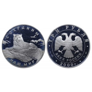 Fédération de Russie, 3 Roubles, 2000 ans, MMD, Protect our World : Le léopard des neiges, NGC, PF 69 ULTRA CAMEO