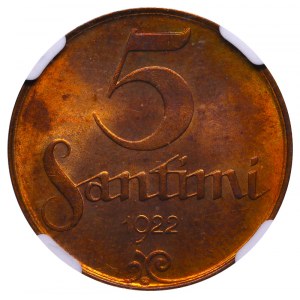 Latvia, 5 Santimi, 1922 year, NGC, MS 64 RB