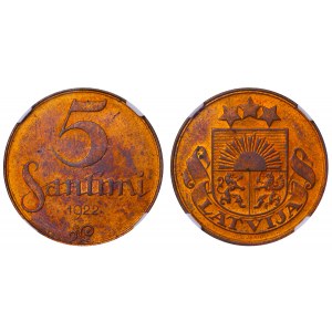 Latvia, 5 Santimi, 1922 year, NGC, MS 62 RB