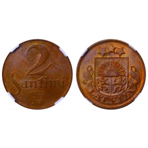 Latvia, 2 Santimi, 1922 year, NGC, MS 64 BN