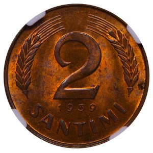 Latvia, 2 Santimi, 1939 year, NGC, MS 64 RB