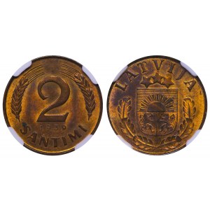 Latvia, 2 Santimi, 1939 year, NGC, MS 63 RB