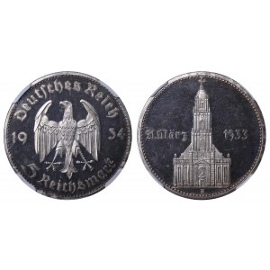 Nemecko, 5 ríšskych mariek, rok 1934, A, 1. výročie nacistickej vlády - Postupimský posádkový kostol, NGC, PF 64 CAMEO