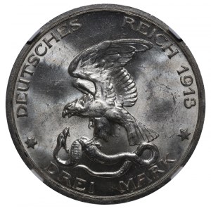 Pruské kráľovstvo, 3 marky, rok 1913, A, 100. výročie vstupu Prusov do vojny proti Napoleonovi, NGC, MS 63