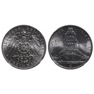 Kingdom of Saxony, 3 Mark, 1913 year, E, 100th Anniversary of the Battle of Leipzig, NGC, MS 62