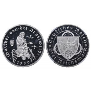Nemecko, 3 ríšske marky, rok 1930, F, 700. výročie - Smrť von Der Vogelweide, NGC, PF 66 ULTRA CAMEO, Top PoP
