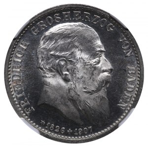 Bádenské veľkovojvodstvo, 2 marky, rok 1907, Smrť Fridricha I., NGC, DETAILY PROOF