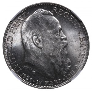 Kingdom of Bavaria, 2 Marks, 1911 year, D, 90th Birthday of Prince Regent Luitpold, NGC, MS 63