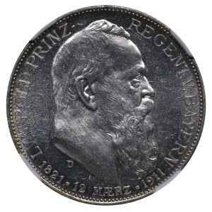 Kingdom of Bavaria, 2 Marks, 1911 year, D, 90th Birthday of Prince Regent Luitpold, NGC, MS 62 PL