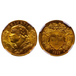 Switzerland, 20 Francs, 1925 year, B, NGC, MS 65