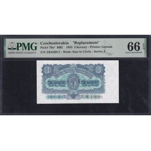 Czechoslovakia, 3 Koruny, 1953, Gem UNC 66 EPQ, ''Replacement''